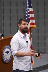 Shannon Rusch, a motivational speaker and Navy SEAL, spoke prior to the opening of the new Veterans Center.