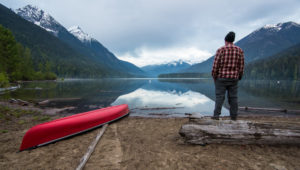 a lake and canoe