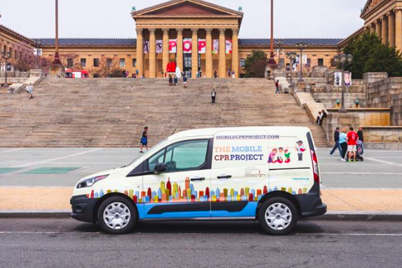 A mobile CPR van outside the Philadelphia Art Museum.