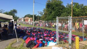 Families wait in line in Chester on Cityteam's Backpack Day