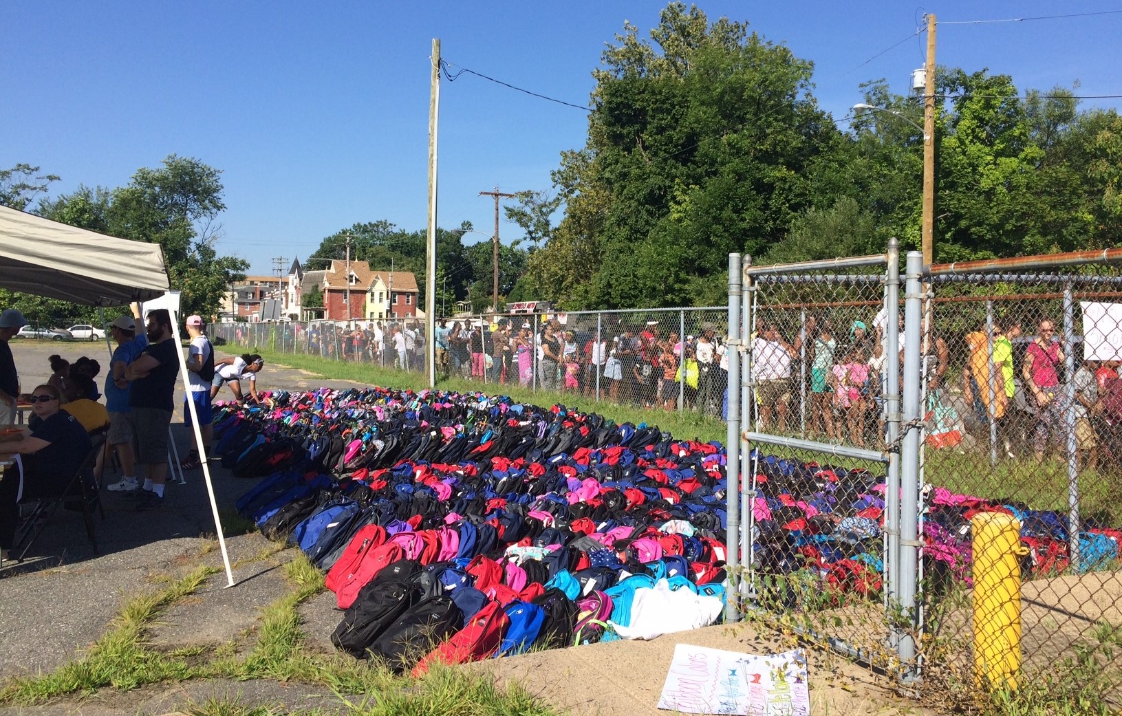 Families wait in line in Chester on Cityteam's Backpack Day