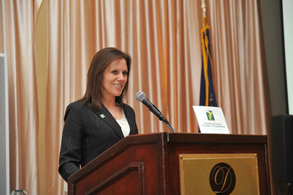 Trish McFarland, president of the Delaware County Chamber of Commerce at a 2015 Small Business Awards dinner.