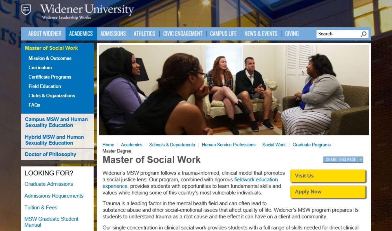 On line description of Widener University's Master of Social Work program.