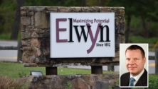 The Elwyn sign at the main entrance off of Baltimore Pike with Elwyn CEO Charles McLister inset.