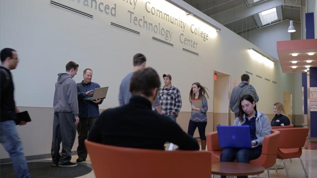 Students spending time at the Delaware County Community College Technology Center.