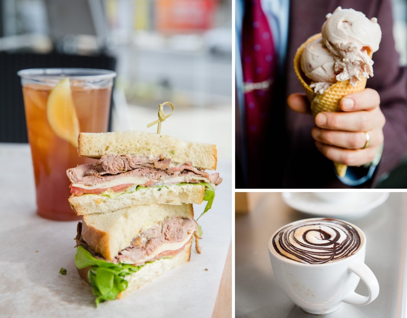 A sandwich and ice tea, an ice cream and a cappuccino..