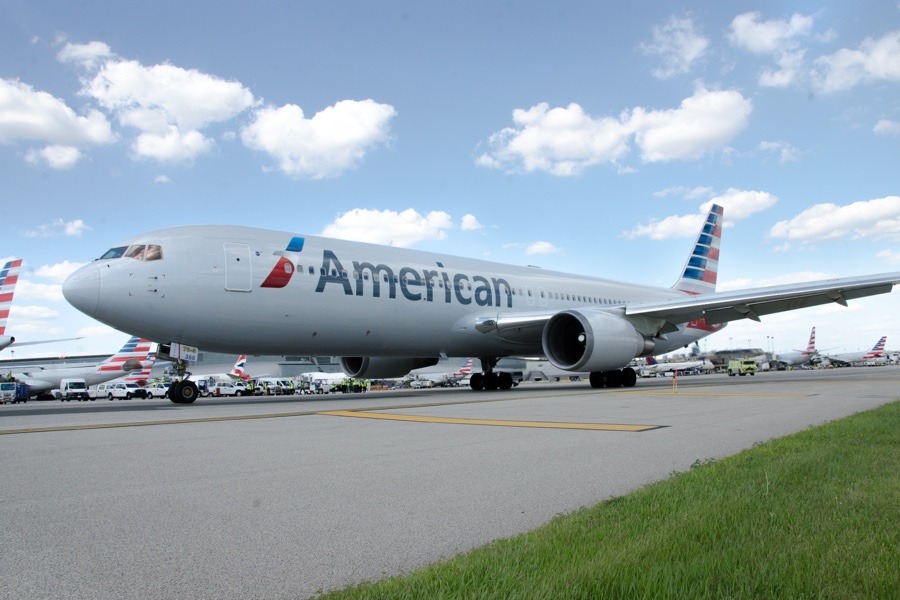 An American Airlines aircraft waiting for takeoff at Philadelphia International Airport.