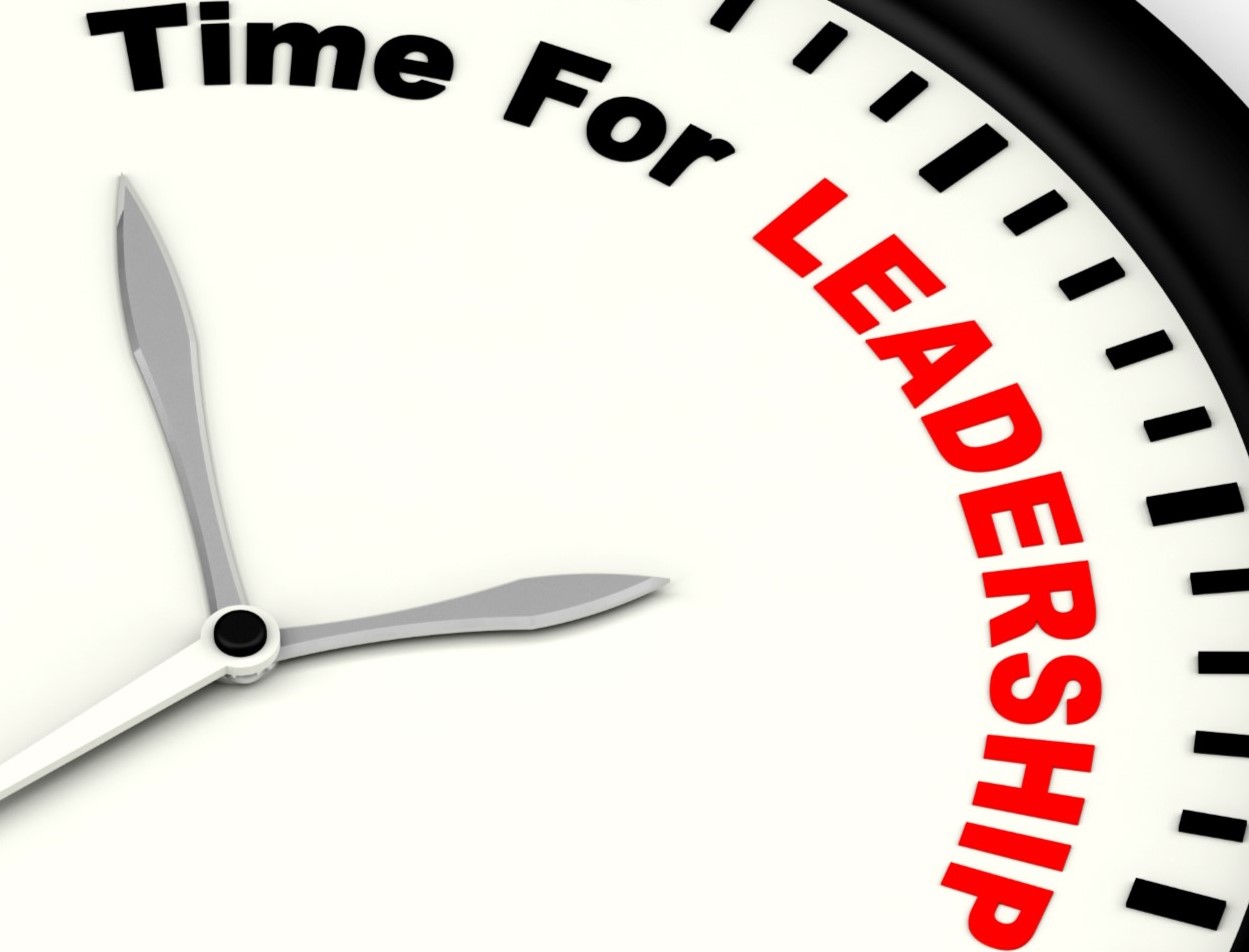 A graphic of a clock with the words "Time for Leadership".