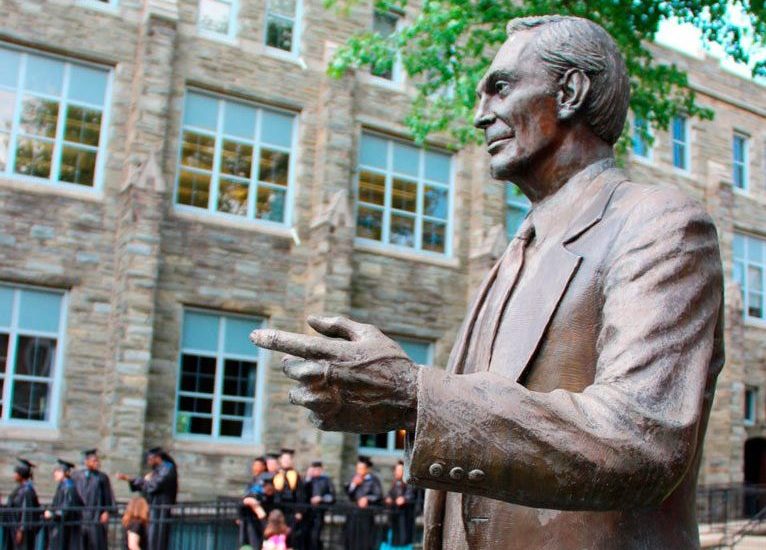 A statue of the founder of the Pennsylvania Institute of Technology at its Media campus.