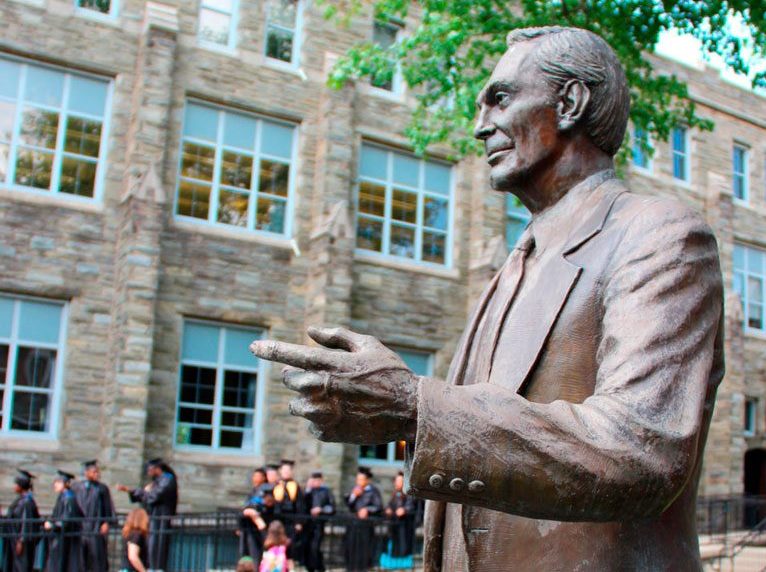 A statue of the founder of the Pennsylvania Institute of Technology at its Media campus.