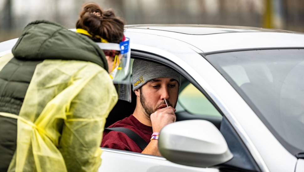 Pulling in for a COVID-19 test at Neumann University.