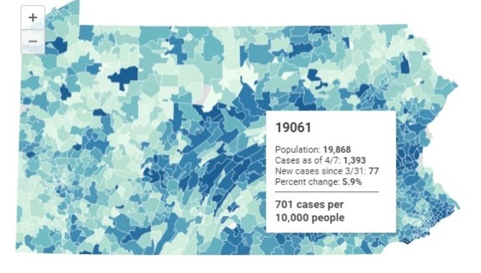 Zip Code in Delaware County where COVID-19 cases have risen the most last week.