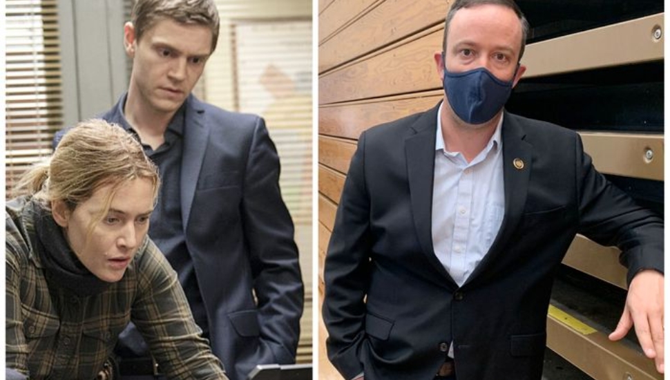 Evan Peters as Detective Colin Zabel with Kate Winslet in Mare of Easttown along with Pa. State Rep. Mike Zabel