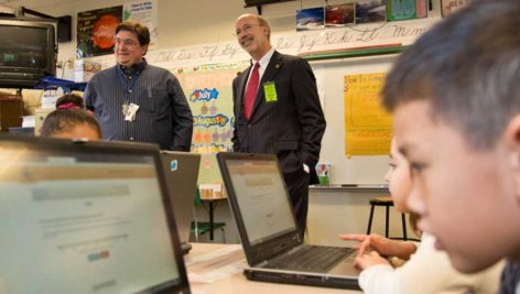 PA Gov. Tom Wolf visits a school classroom to promote his PAsmart initiative offering grants for STEM and computer science education in schools.