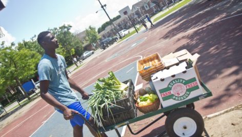 Ahmaj Jackson, 14, transport fresh produce around the Ruth Bennett Community Farm.