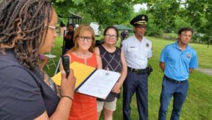 Delaware County Council Vice Chairman Dr. Monica Taylor and other officials mark the Juneteenth holiday at the First Annual Darby Township Community First Juneteenth Celebration.