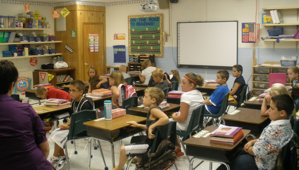 Students sitting in a classroom.