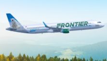 A Frontier Airline airplane in flight