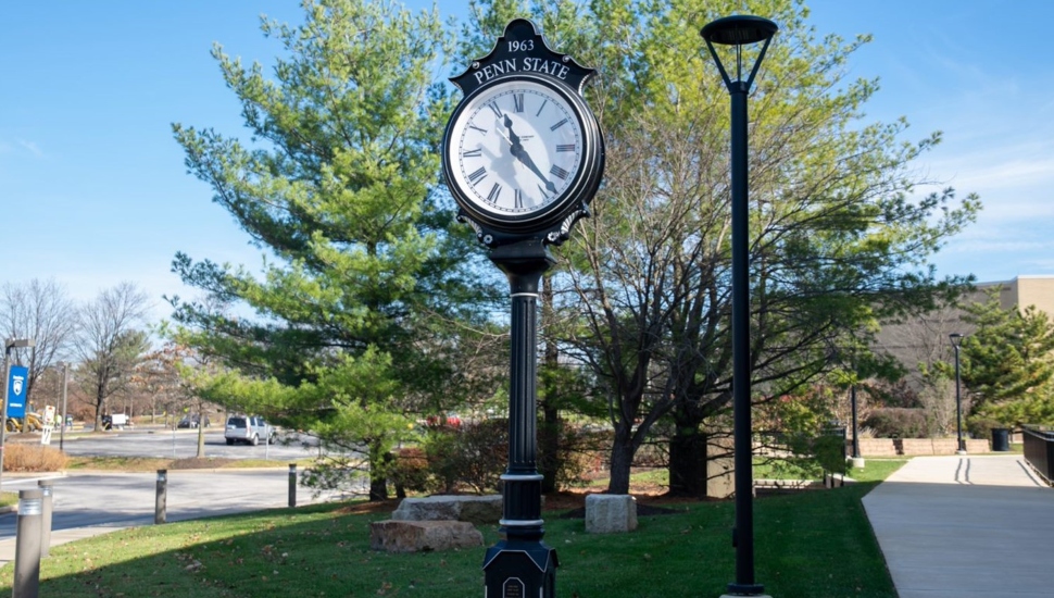 The Penn State Great Valley clock in the courtyard. It's almost time for NoonTimeU.