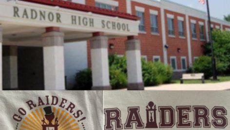 A Radnor Raider banner outside the front of Radnor High School.