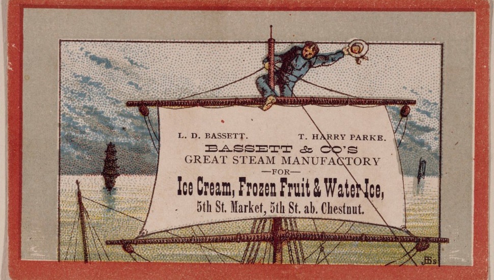 Print advertisement announcing the Bassett Ice Cream store at 5th and Market in Philadelphia.