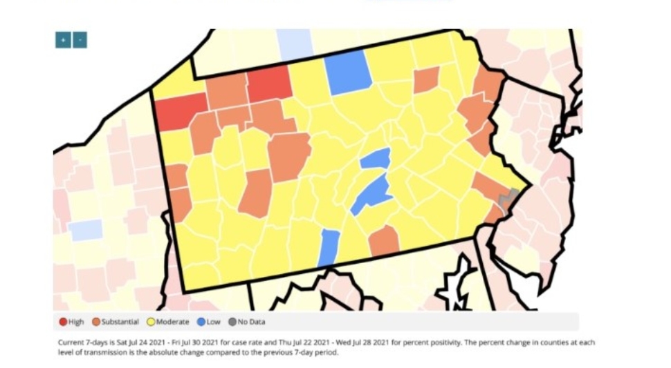 A Pennsylvania map shows substantial COVID transmissions and where a mask is recommended. is happening and where masks are recommended.