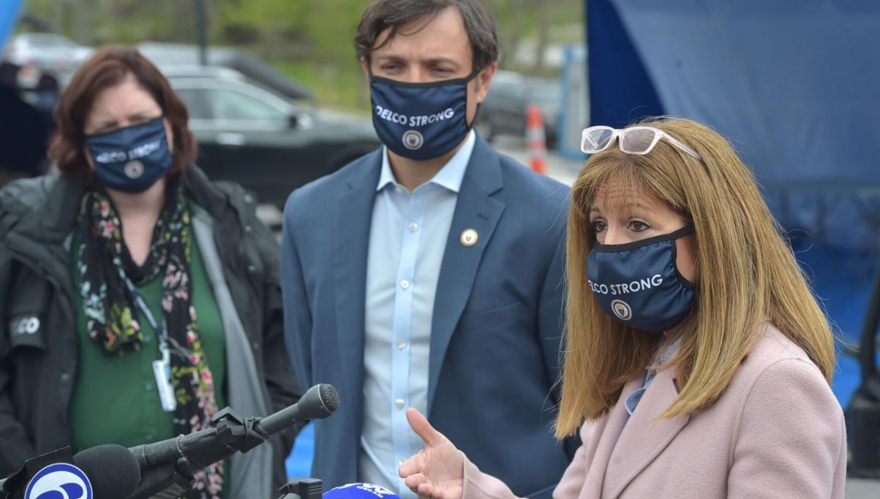 Rosemary Halt (left) with Delaware County Council members Kevin Madden and Elaine Paul Schaefer at an April press conference.