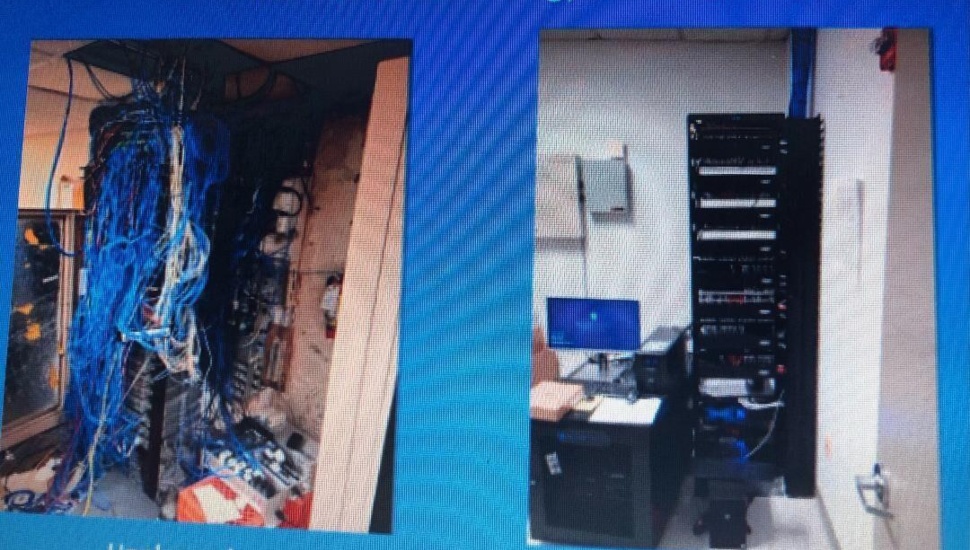 Delaware County's chaotic data closet is shown on the left, while the Wharf at Rivertown is shown on the right.