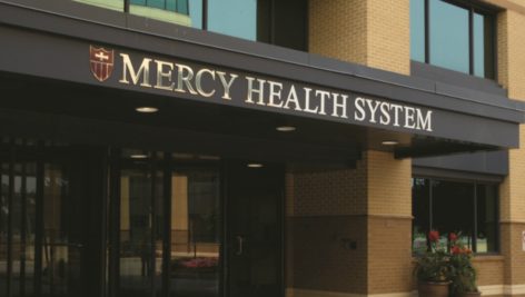 Entrance to a medical facility for the Mercy Health System.
