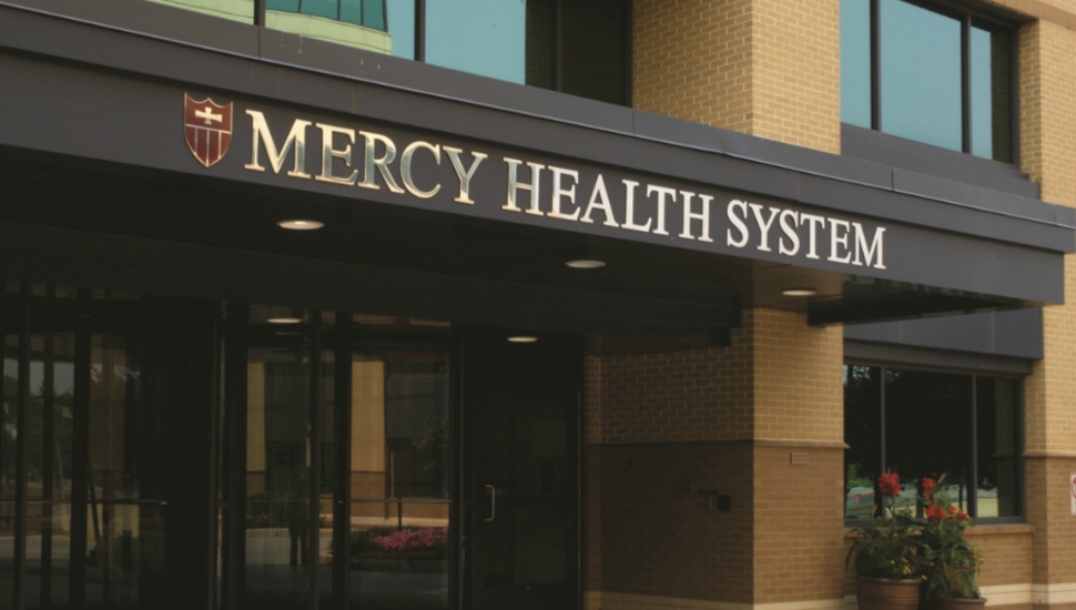 Entrance to a medical facility for the Mercy Health System.