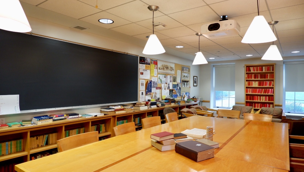 An empty classroom at Swarthmore College.