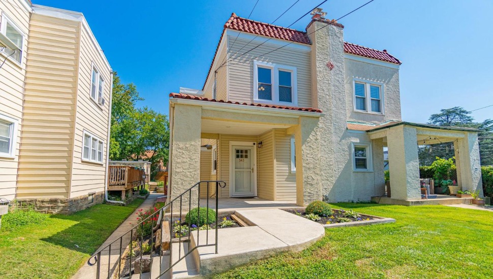 The front of a twin townhouse in Drexel Hill.