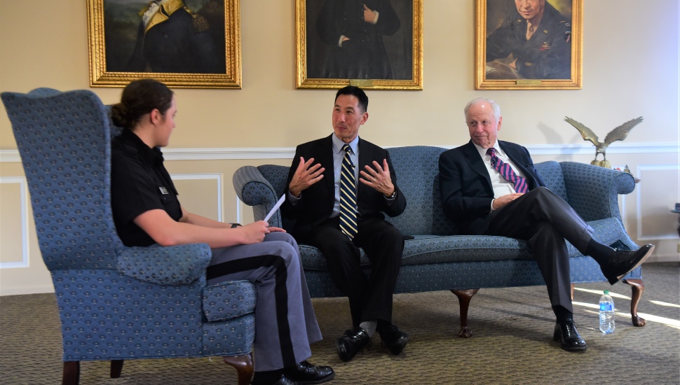 Glenn English and Charles Djou with a cadet from Valley Forge Military Academy and College.