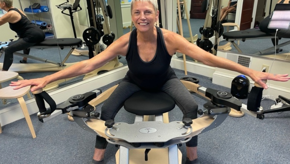 : Gyrotonic trainer Deb Zdobinski of Wallingford demonstrates the equipment at Body Align Studio