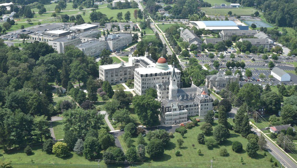 An aerial view of the Neumann University campus in Aston