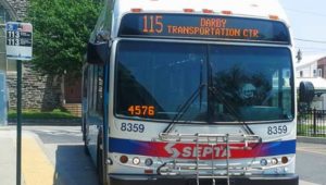 A SEPTA bus stopped in Darby Borough.