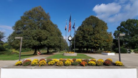 The pedestrian walkway with an American flag and planted flowers at Rose Tree Park