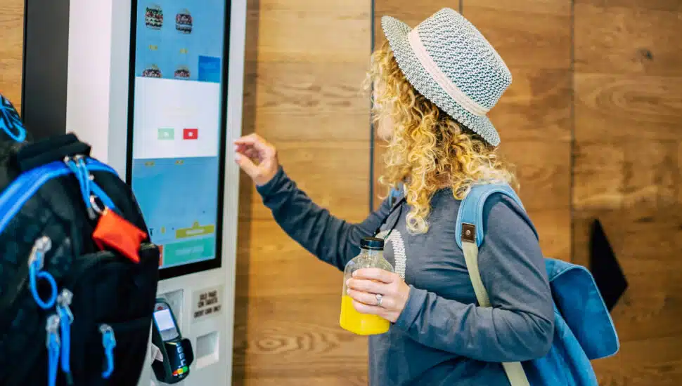Girl using a kiosk.