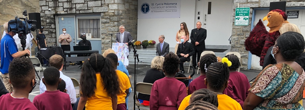 The dedication of SS Cyril and Philomena School in Lansdowne with Lansdowne Mayor Anthony Campuzano speaking.