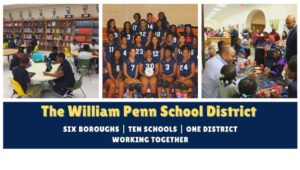 Images from William Penn School District of kids in a library, girls basketball team and kids and adults working on an arts and crafts project