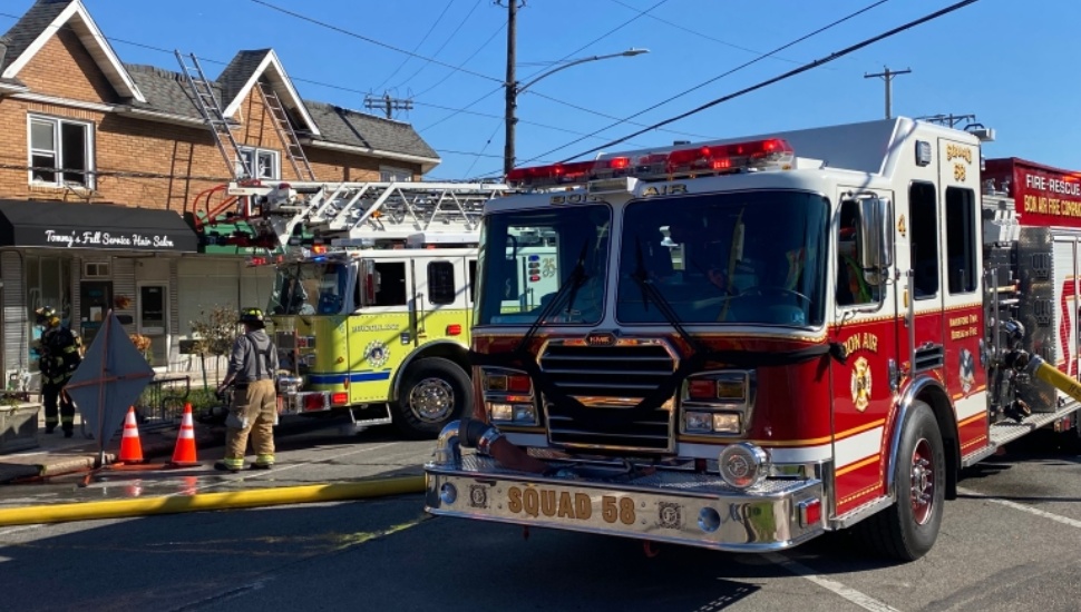 Von Air and Manoa Fire Company fire trucks at a fire scene in Haverford Township.