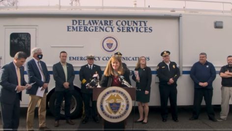 Delaware County Councilwoman Elaine Paul Schaeffer speaks about upgrades to the county's 911 system at a press conference with other officials in attendance.
