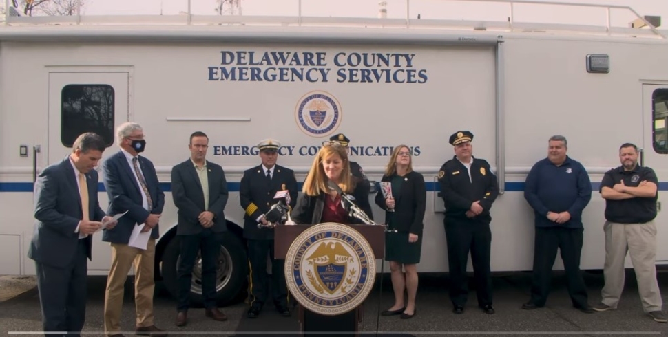 Delaware County Councilwoman Elaine Paul Schaeffer speaks about upgrades to the county's 911 system at a press conference with other officials in attendance.