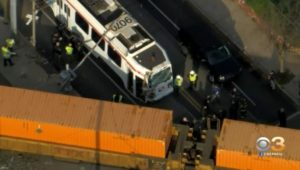 Overhead shot of a trolley that collided with a freight train in Darby Borough.