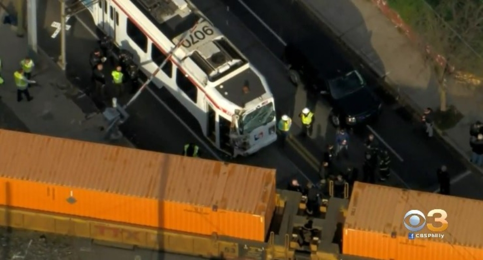 Overhead shot of a trolley that collided with a freight train in Darby Borough.