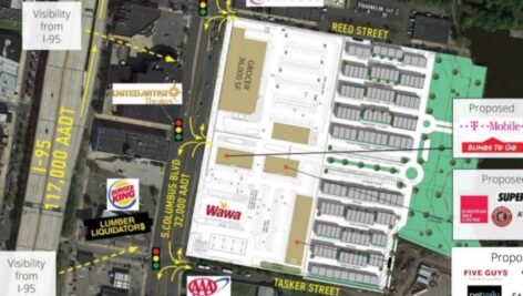 An above view map showing the location of a proposed Super Wawa on South Columbus Blvd. in Philadelphia.