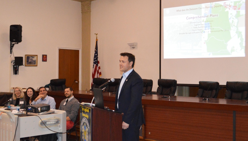 A member of the Delaware County Planning Department gives a presentation in Springfield Township.