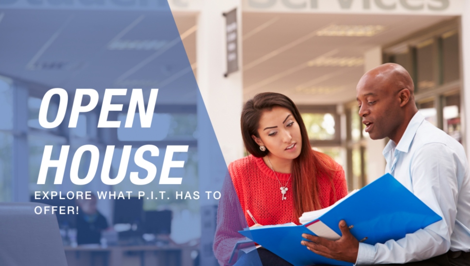 A man and a woman looking at a book, a banner for the Pennsylvania Institute of Technology open house