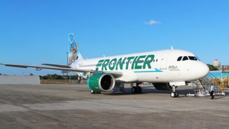 Frontier Airline jet on the ground.