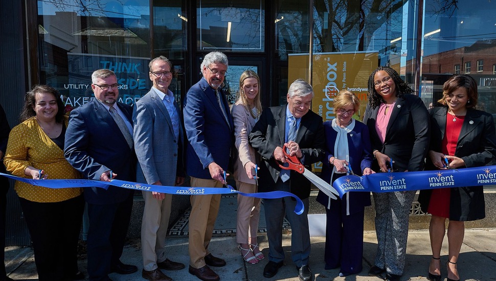 Joined by Penn State Brandywine Chancellor Marilyn J. Wells and local elected officials, Penn State President Eric J. Barron cut the ribbon to mark the opening of the Brandywine LaunchBox.